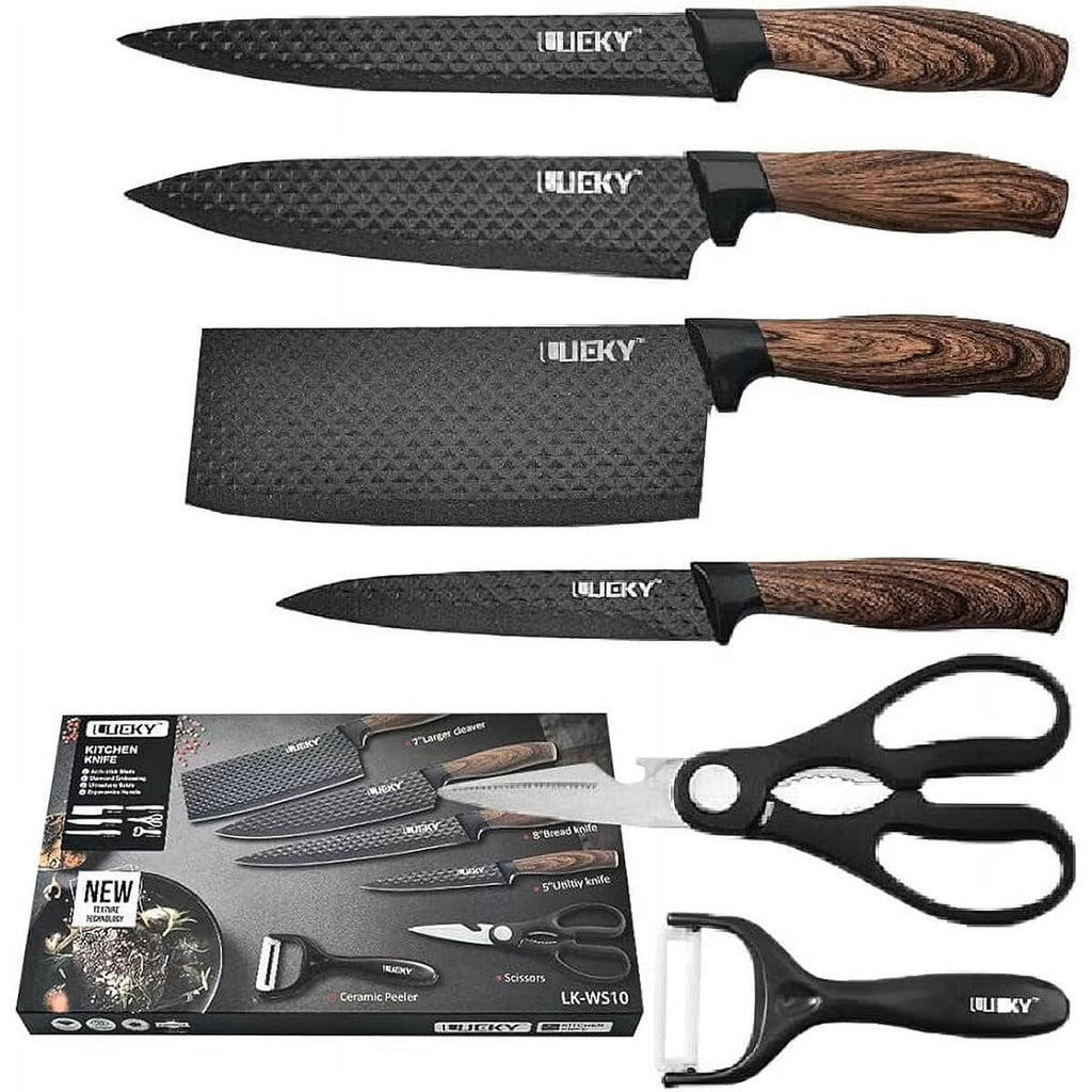 Juego de Cuchillos de Cocina 6 Piezas con Pelador Cerámico, Tijeras y Caja – Negro