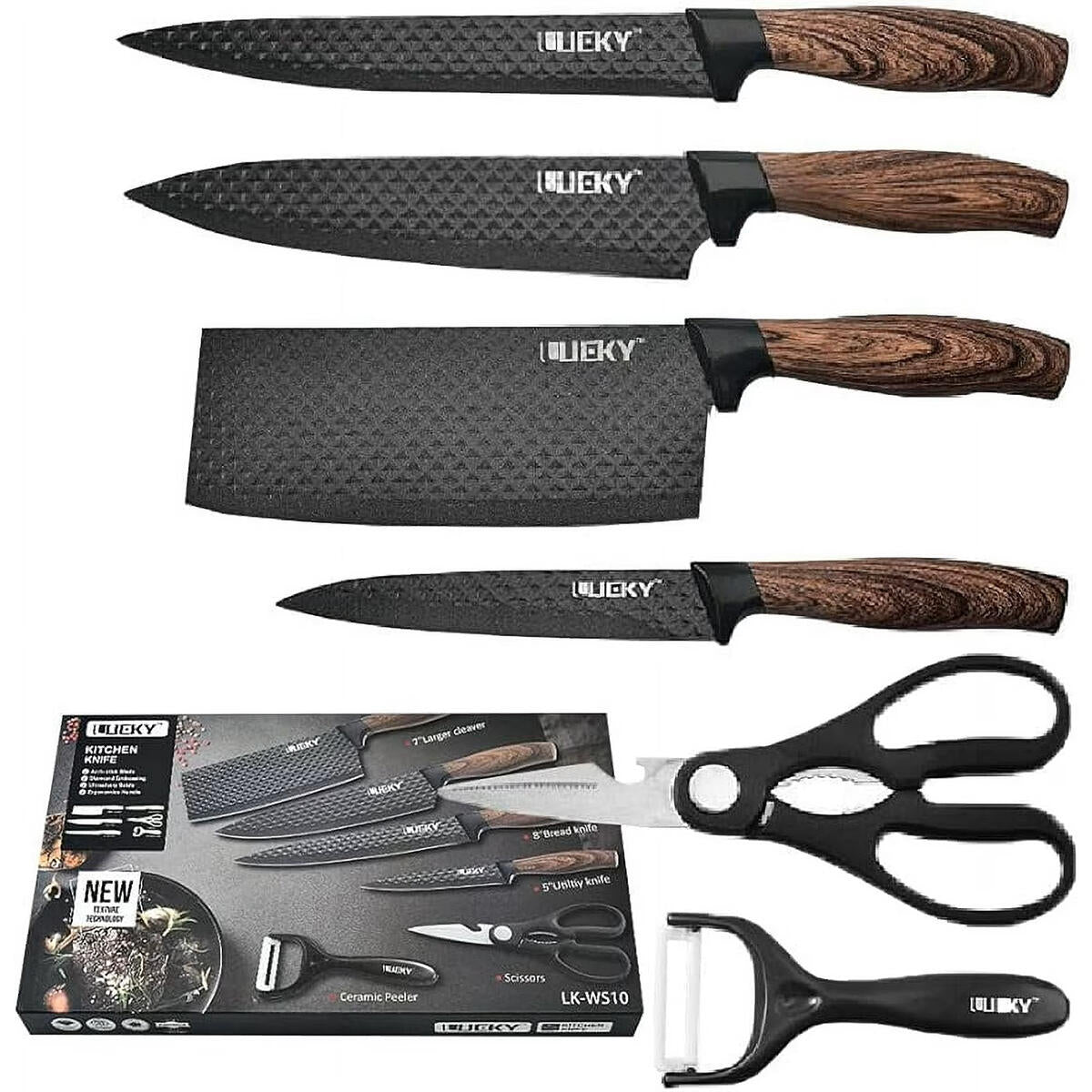 Juego de Cuchillos de Cocina 6 Piezas con Pelador Cerámico, Tijeras y Caja – Negro