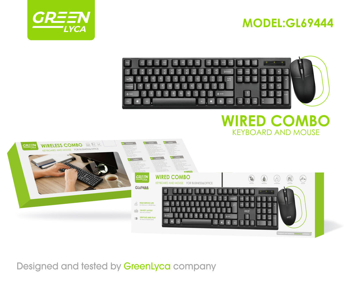 Kit de Teclado y Ratón USB con Cable – 104 Teclas con Teclado Numérico | Green Lyca GL69444