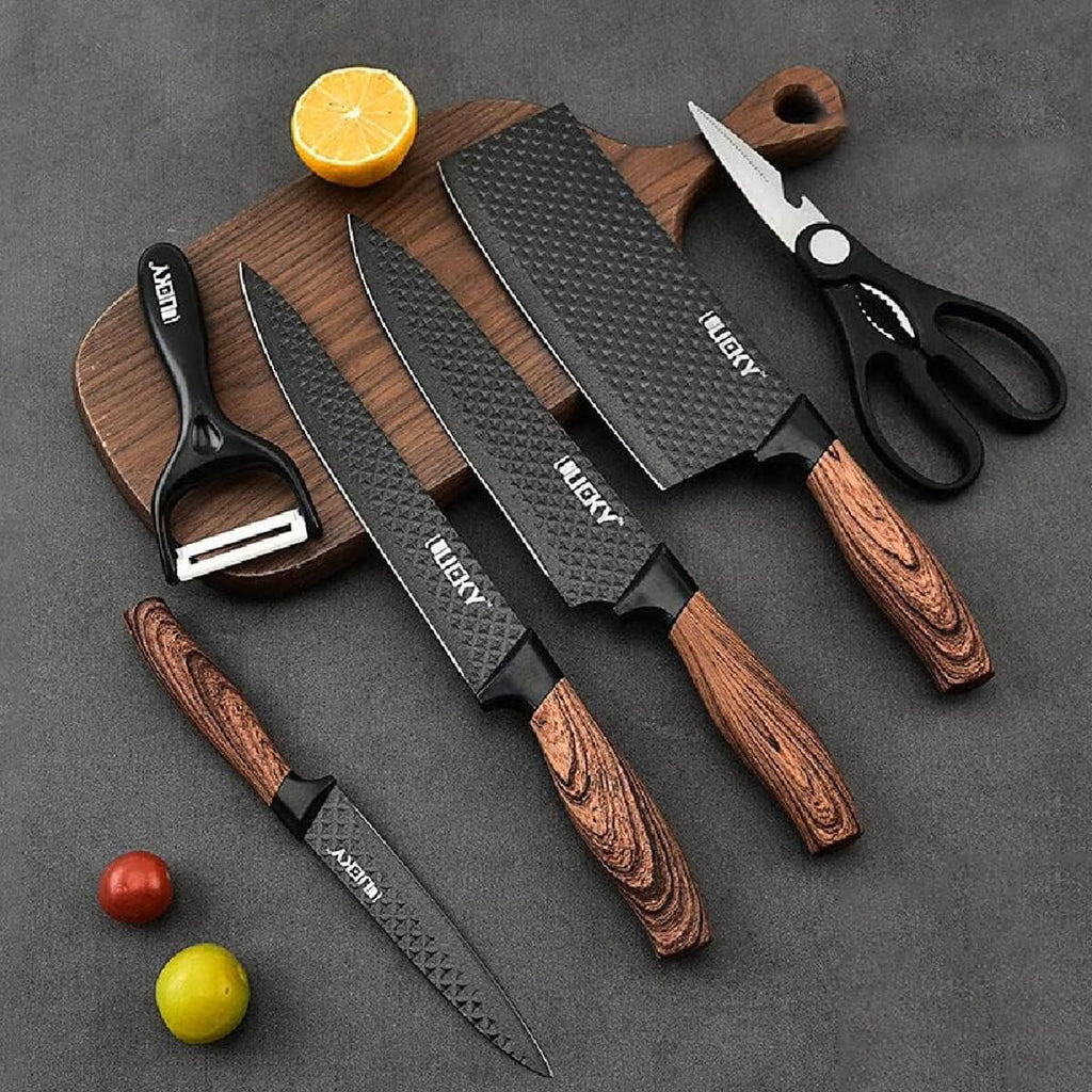 Juego de Cuchillos de Cocina 6 Piezas con Pelador Cerámico, Tijeras y Caja – Negro