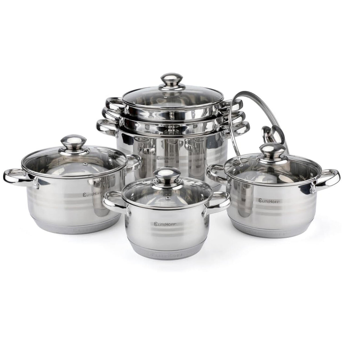 Batería de Cocina 12 Piezas de Acero Inoxidable con Tapas de Vidrio – Apta para Inducción