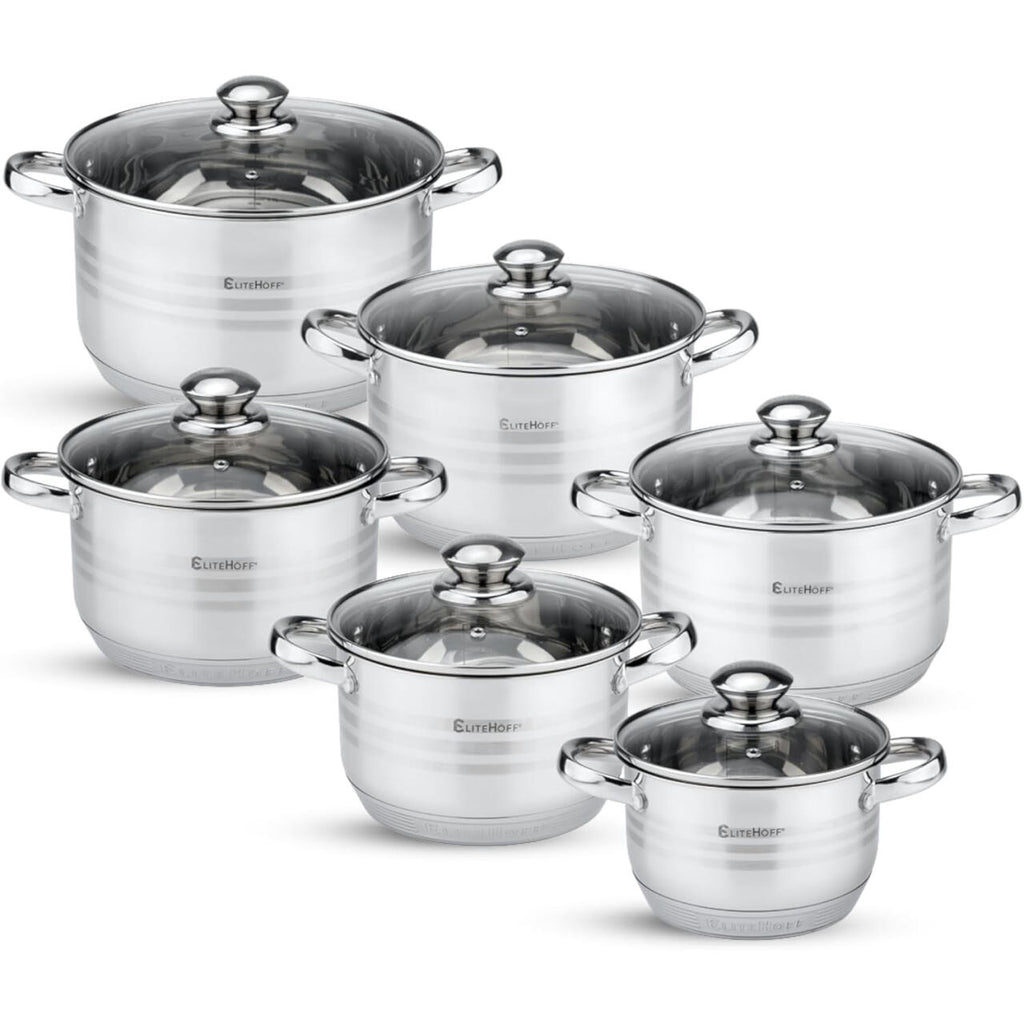 Batería de Cocina 12 Piezas de Acero Inoxidable con Tapas de Vidrio – Apta para Inducción