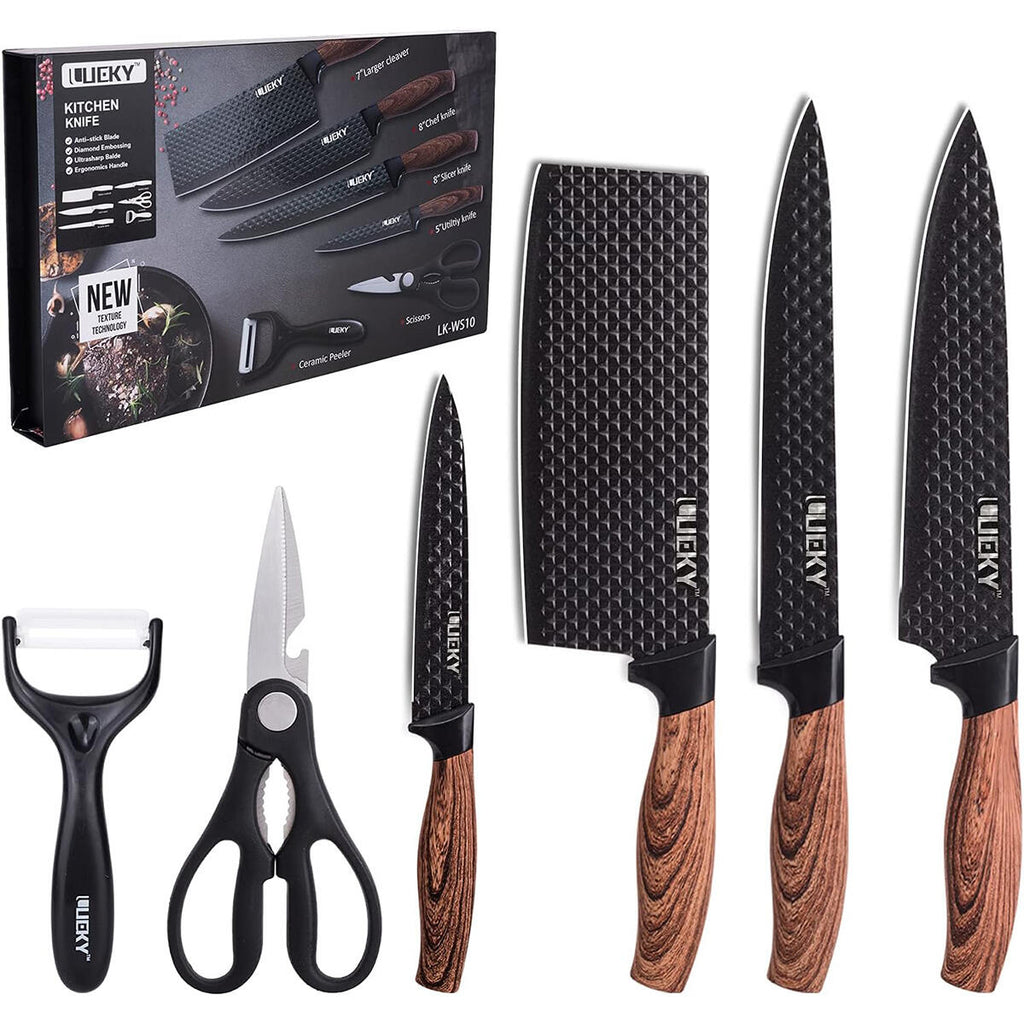 Juego de Cuchillos de Cocina 6 Piezas con Pelador Cerámico, Tijeras y Caja – Negro