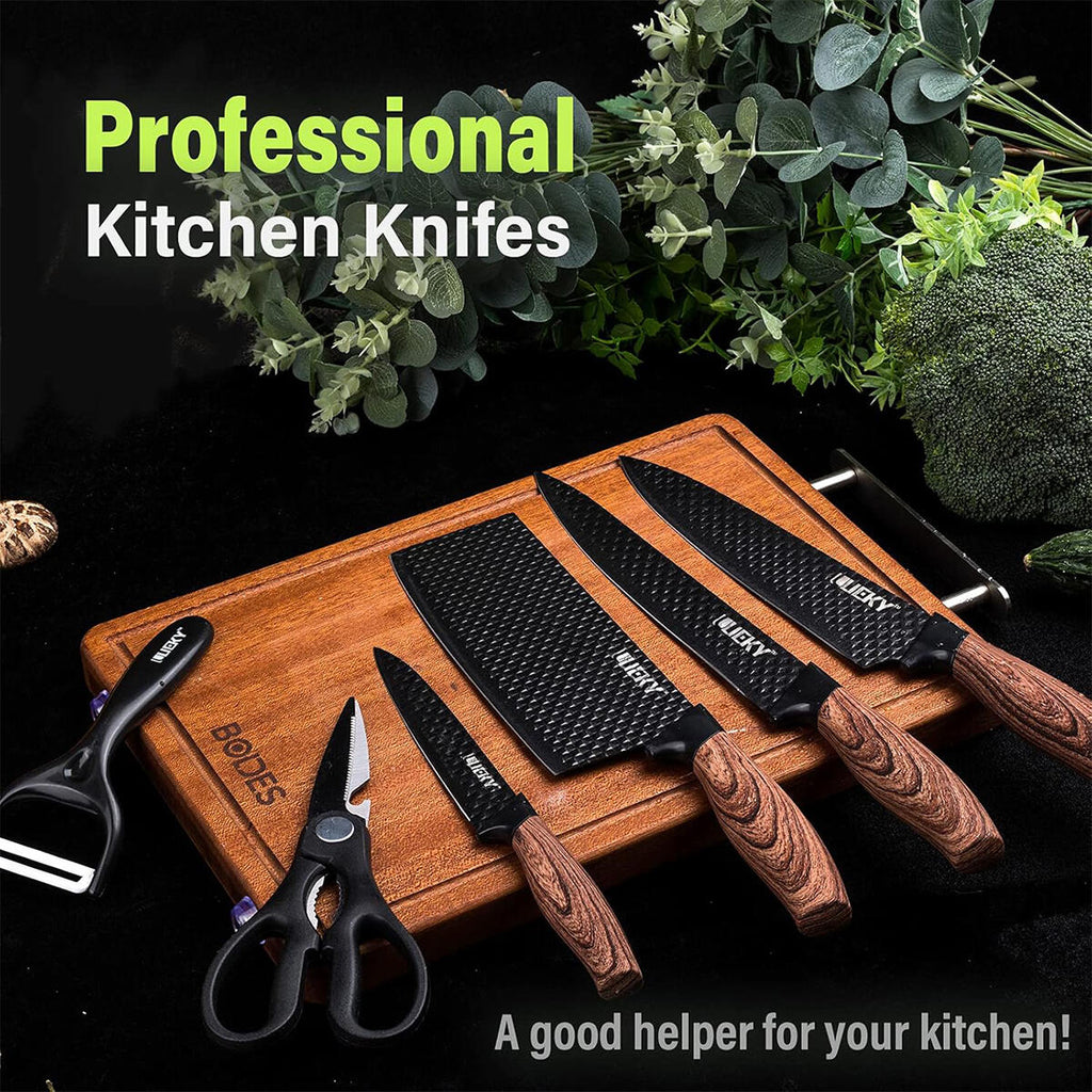 Juego de Cuchillos de Cocina 6 Piezas con Pelador Cerámico, Tijeras y Caja – Negro