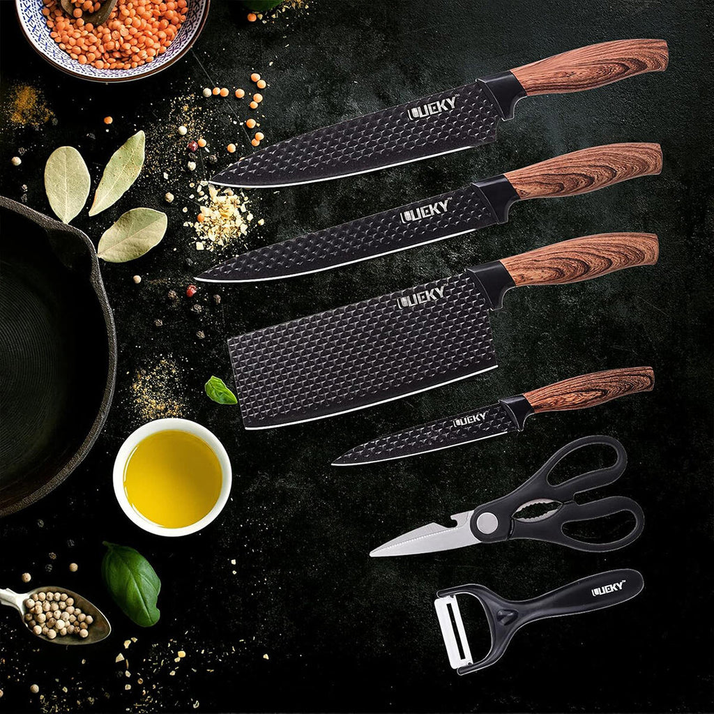 Juego de Cuchillos de Cocina 6 Piezas con Pelador Cerámico, Tijeras y Caja – Negro