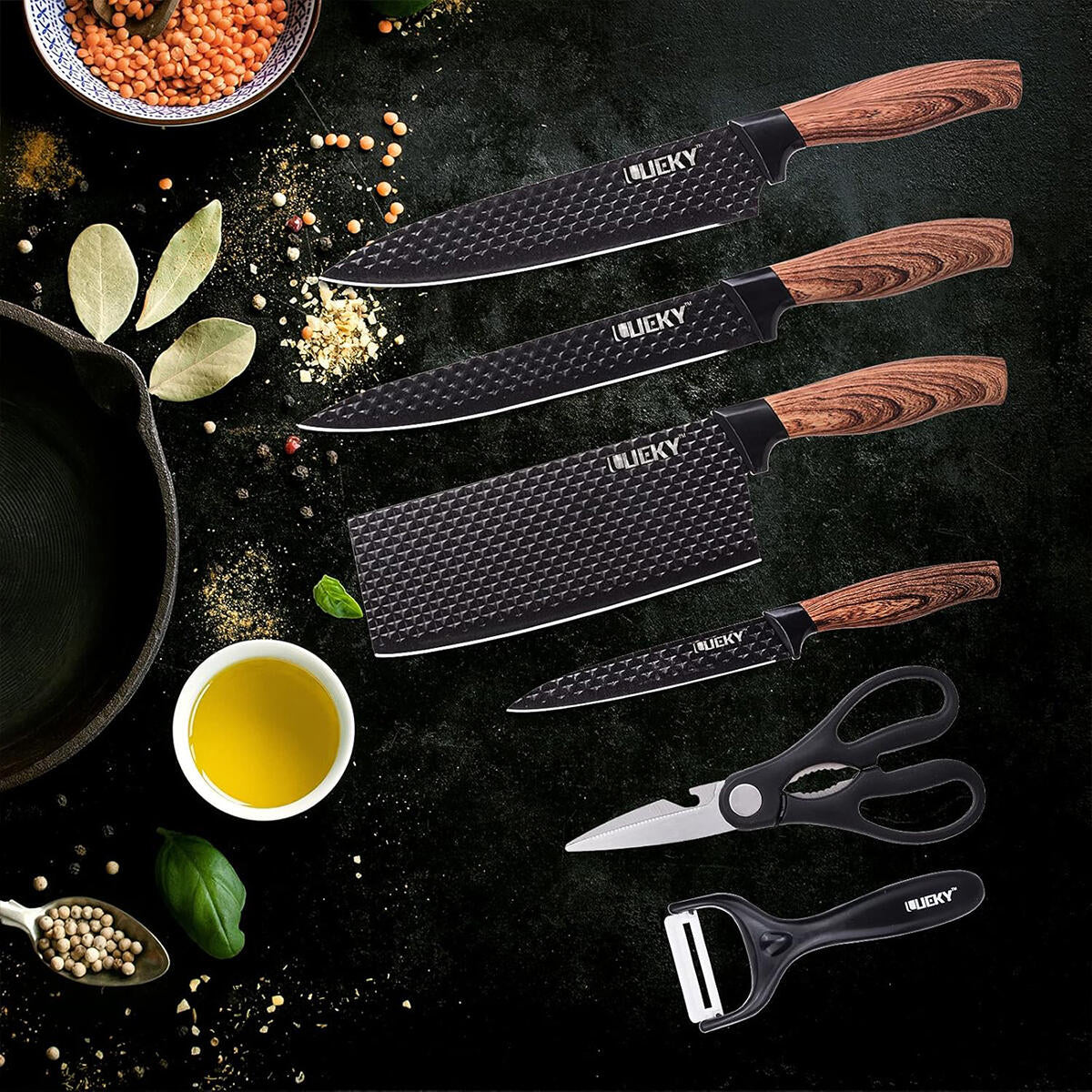 Juego de Cuchillos de Cocina 6 Piezas con Pelador Cerámico, Tijeras y Caja – Negro