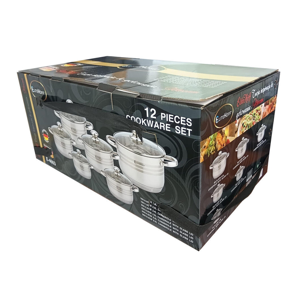 Batería de Cocina 12 Piezas de Acero Inoxidable con Tapas de Vidrio – Apta para Inducción