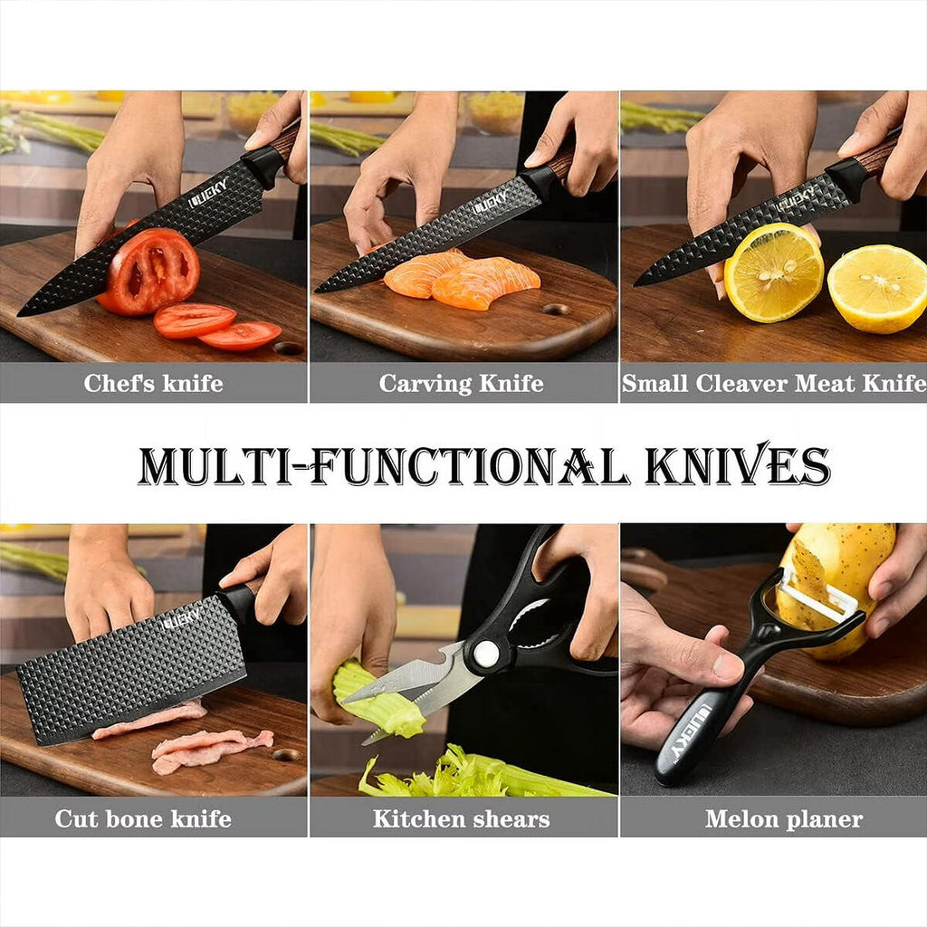 Juego de Cuchillos de Cocina 6 Piezas con Pelador Cerámico, Tijeras y Caja – Negro