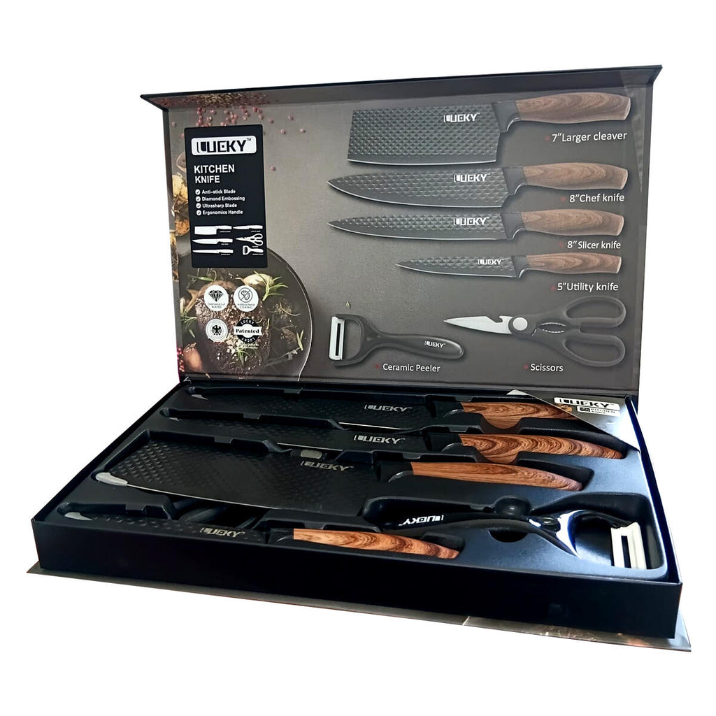 Juego de Cuchillos de Cocina 6 Piezas con Pelador Cerámico, Tijeras y Caja – Negro