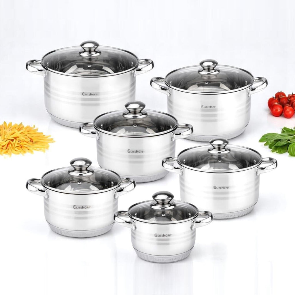 Batería de Cocina 12 Piezas de Acero Inoxidable con Tapas de Vidrio – Apta para Inducción