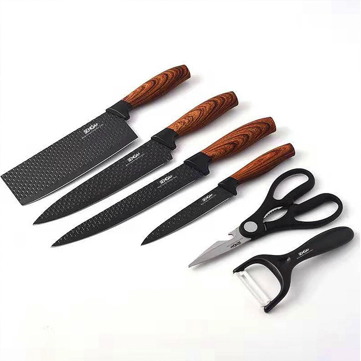 Juego de Cuchillos de Cocina 6 Piezas con Pelador Cerámico, Tijeras y Caja – Negro