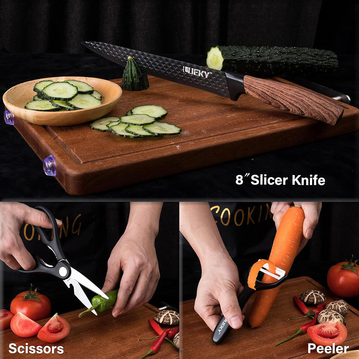 Juego de Cuchillos de Cocina 6 Piezas con Pelador Cerámico, Tijeras y Caja – Negro